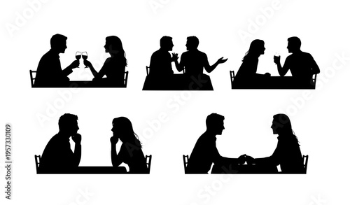 Romantic couples dinner silhouettes set with wine toast and conversation poses vector isolated on white