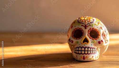 Decorated Sugar Skull on Wooden Surface with Sunlight.