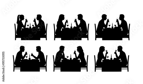 Romantic dinner couple silhouettes with wine and candle vector set isolated on white