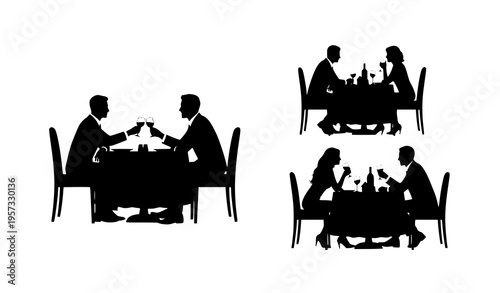 Elegant romantic dinner couple silhouettes in restaurant scene vector isolated on white
