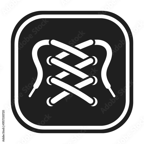 Black square icon featuring white shoelaces tied in a crisscross pattern