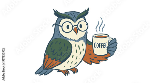 Charming cartoon illustration of a wise owl wearing round spectacles, holding a steaming mug of hot coffee, symbolizing intellect, morning routines, and cozy beverage enjoyment
