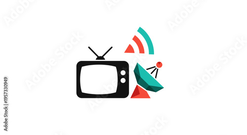 Television And Satellite Dish Icons With Signal Waves