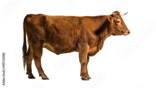 Foto Brown cow standing profile view with horns, domesticated farm animal cut out