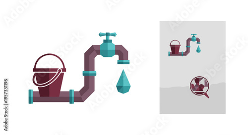 Water Conservation Concept with Dripping Faucet Pipe and Bucket