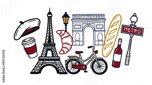 Charming hand-drawn illustration showcasing iconic Parisian landmarks and traditional French cultural elements for travel inspiration