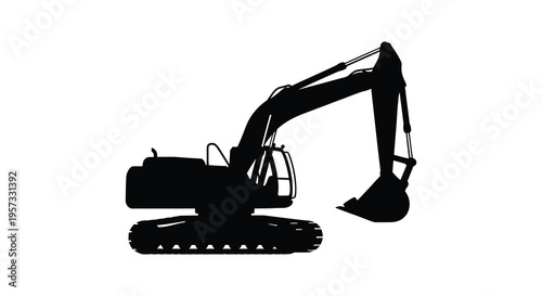 A stark black silhouette depicts a heavy duty excavator machine showcasing its powerful build and digging capabilities silhouette high quality professional detailed