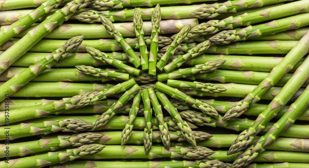 Fototapeta premium A close-up shot of a dense arrangement of fresh green asparagus spears. The spears are tightly packed, creating a symmetrical pattern in the center of the image.