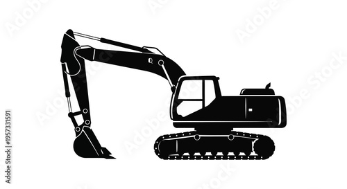 A stark black silhouette of a heavy duty excavator showcasing its mechanical arm and tracks silhouette high quality professional detailed modern