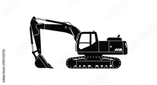 A stark black silhouette of a heavy duty excavator machine showcasing its mechanical structure and tracks silhouette high quality professional detailed modern