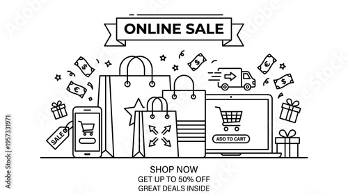 Online Sale Banner with Shopping Elements