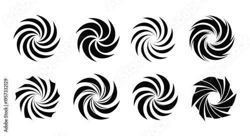 Eight swirling black shapes arranged in a grid displaying dynamic rotational forms a striking silhouette high quality professional detailed modern