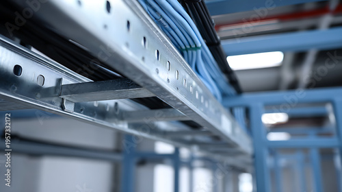 Wallpaper Mural Industrial Infrastructure with Cable Trays and Blue Wires: Modern Network, Data, and Power Solutions for Technology and Building Systems Torontodigital.ca