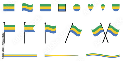 Gabon national flag symbols set featuring various designs including flagpoles, ribbons, and crossed flags for independence day.