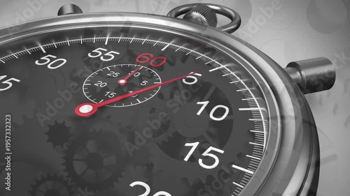 Animation of stop watch ticking over cogs working in background