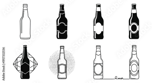 A collection of beer bottle illustrations in varying designs including a geometric and dotted style silhouette high quality professional detailed modern