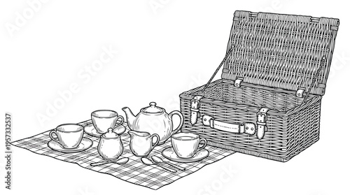 An elegant illustration of a classic picnic tea set, ready for a leisurely outdoor repast and enjoyable moment