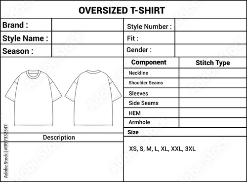 Oversized T Shirt Tech Pack Template Vector, Apparel Specification Sheet, Clothing Size Chart Design