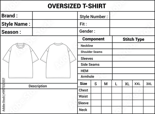 Oversized T Shirt Tech Pack Template Vector, Apparel Specification Sheet, Clothing Size Chart Design