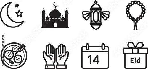 A set of vector line art silhouettes depicting Eid al-Fitr symbols and icons in a simple design