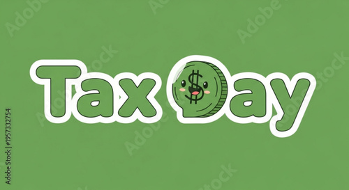 A cartoon-style illustration of the words 'Tax Day' with a smiling coin replacing the 'O' in a green and white color scheme.