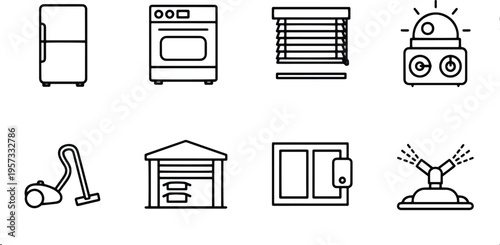 A set of vector line art silhouettes depicting various household appliances and devices in a simple style