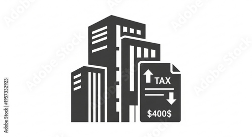 A vector graphic illustration of a city building with a tax document showing increasing and decreasing costs