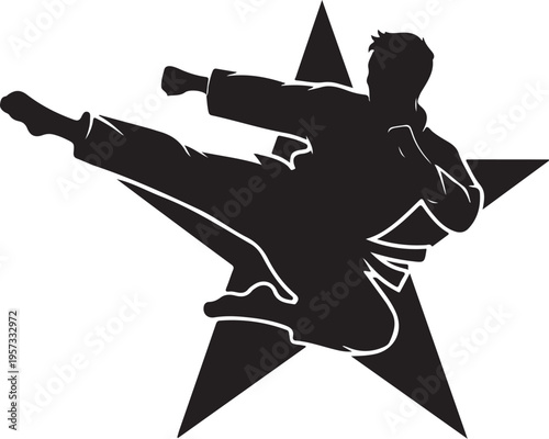 Martial arts silhouette, karate kick star, black vector icon, white background