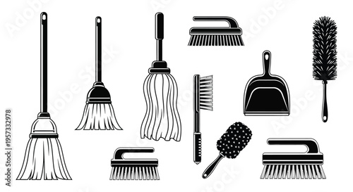 A collection of various cleaning tools including brooms brushes a mop and dustpan in black silhouette high quality professional detailed modern