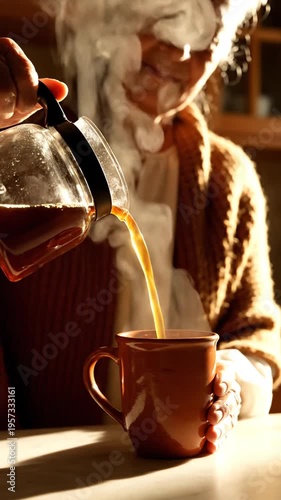 Woman pouring hot coffee into a mug on a kitchen counter with a warm background