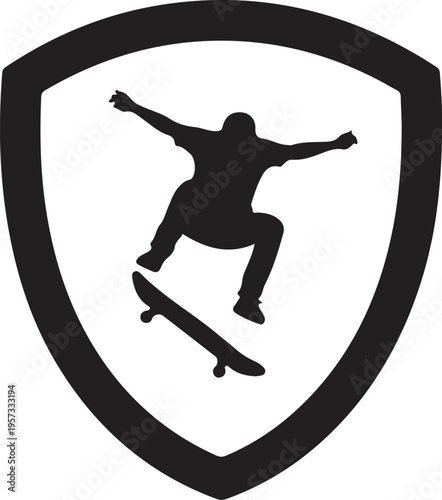 Skateboarder shield icon, black silhouette, action sports logo, protective emblem