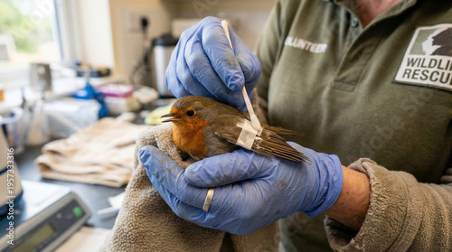 Wildlife rescue volunteer treating an injured robin at a rehabilitation center.