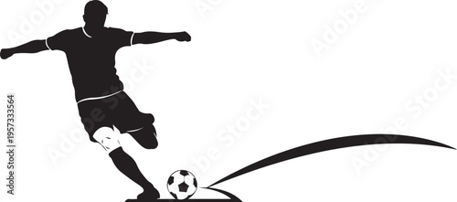 Soccer player kicking ball, football silhouette, sports icon, black vector graphic