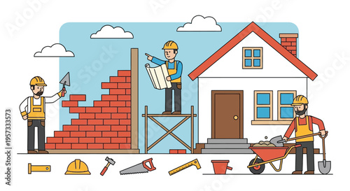 Construction workers are renovating a red roofed house with scaffolding tools and blue sky silhouette high quality professional detailed modern elegant stylish