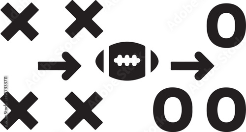 American football play strategy diagram, black and white vector illustration, sports tactics board, football playbook design