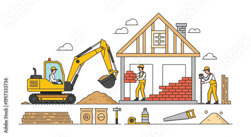 Construction scene depicting workers building a house with heavy machinery tools and materials a bold silhouette high quality professional detailed modern