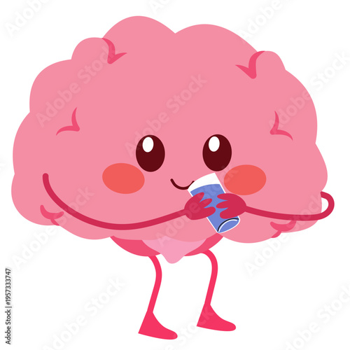 Cartoon vector illustration of a brain mascot drinking water representing hydration, healthy lifestyle and mental wellbeing.
