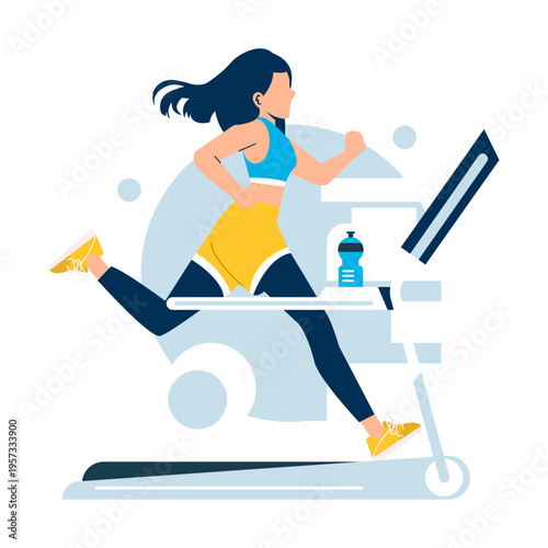 Woman Running on Treadmill Vector Illustration