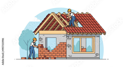Construction workers repairing a house roof and building a brick wall illustrated in a simple style silhouette high quality professional detailed