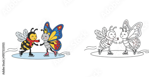 Cute Bee and Butterfly Ice Skating Duo - Winter Cartoon Vector
