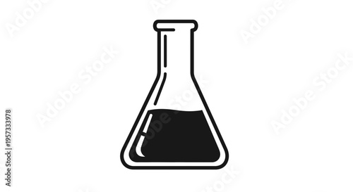 Black and white illustration of a laboratory flask with liquid, science icon