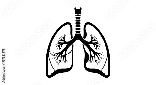 Black and white illustration of human lungs and trachea, representing respiratory system and health