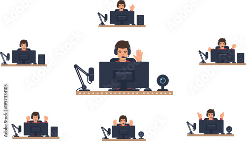 vector illustration set of a male gamer streaming and podcasting with professional microphone headset and computer setup for esports content
