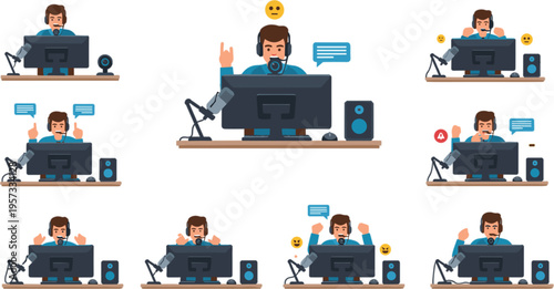 vector illustration set of a male streamer and gamer with various facial expressions and professional computer equipment for esports broadcast