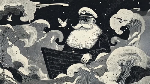 Whimsical Black and White Cartoon Sea Captain: Vintage Maritime Adventure on Stormy Seas with Artistic Nautical Character