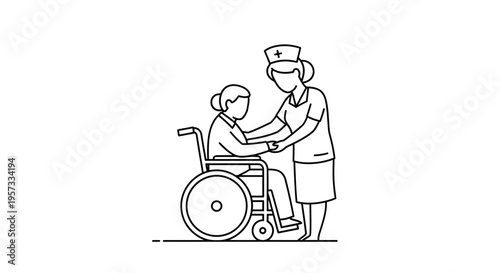 Nurse assisting elderly woman in wheelchair, healthcare, medical care, support, compassion