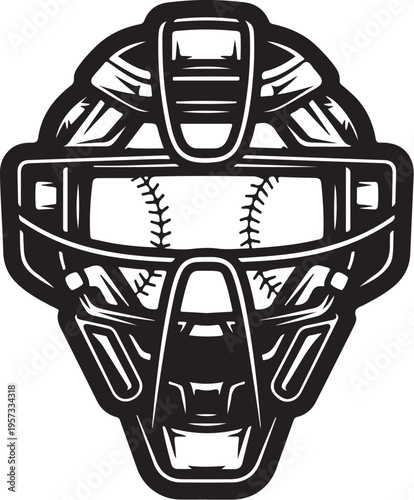 Baseball catcher mask, black and white vector, sports equipment, baseball gear