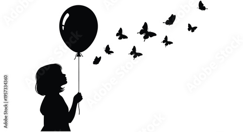 A child reaches for a floating balloon surrounded by butterflies all depicted in a striking silhouette high quality professional detailed modern