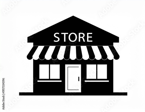 Black store icon with awning and signboard, retail shop symbol, flat vector design for ecommerce, business and marketplace concepts