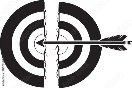 Broken target, cracked bullseye, arrow hitting mark, split board, black and white vector